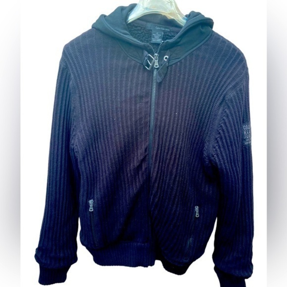 Calvin Klein Jeans men’s large black sweater lined full zipper hood coat jacket